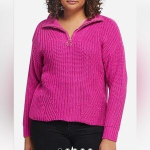 ESTELLE Women’s Panorama Knit V-Neck 1/4 Zipper Fuchsia Pink Sweater 2X(18W) NWT